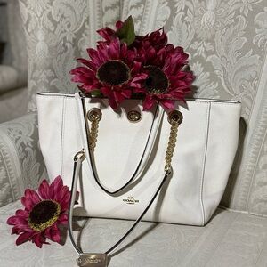 Coach Ivory Leather Tote with Gold Chain